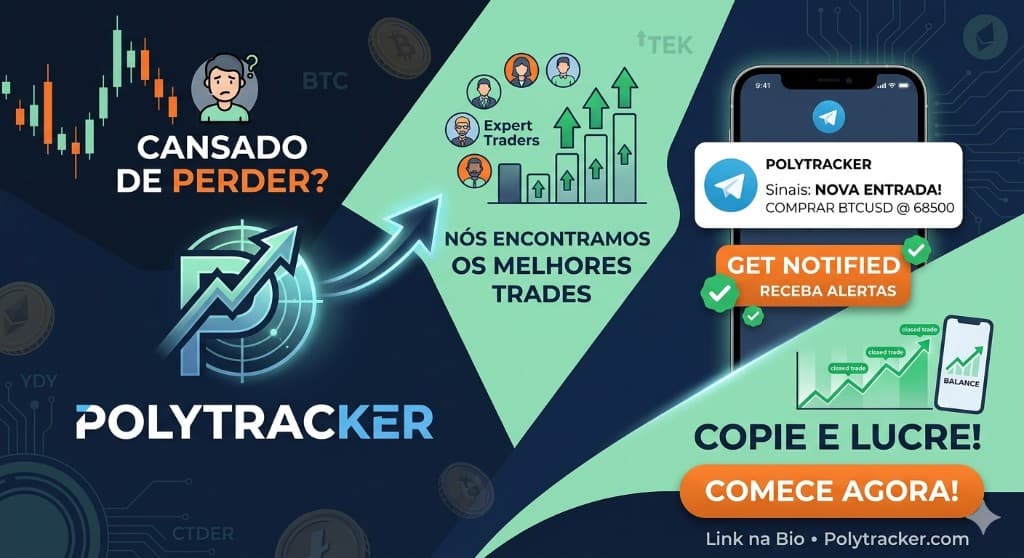 PolyTracker brand visuals showing Telegram-style alerts and product previews.