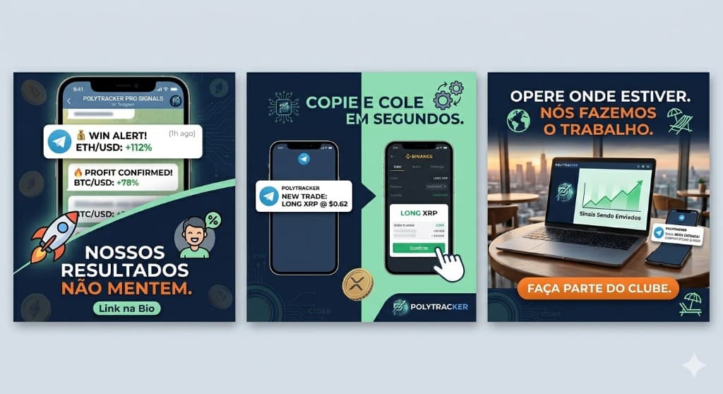 PolyTracker brand storyboard: visibility, ranked flow, and Telegram notifications.
